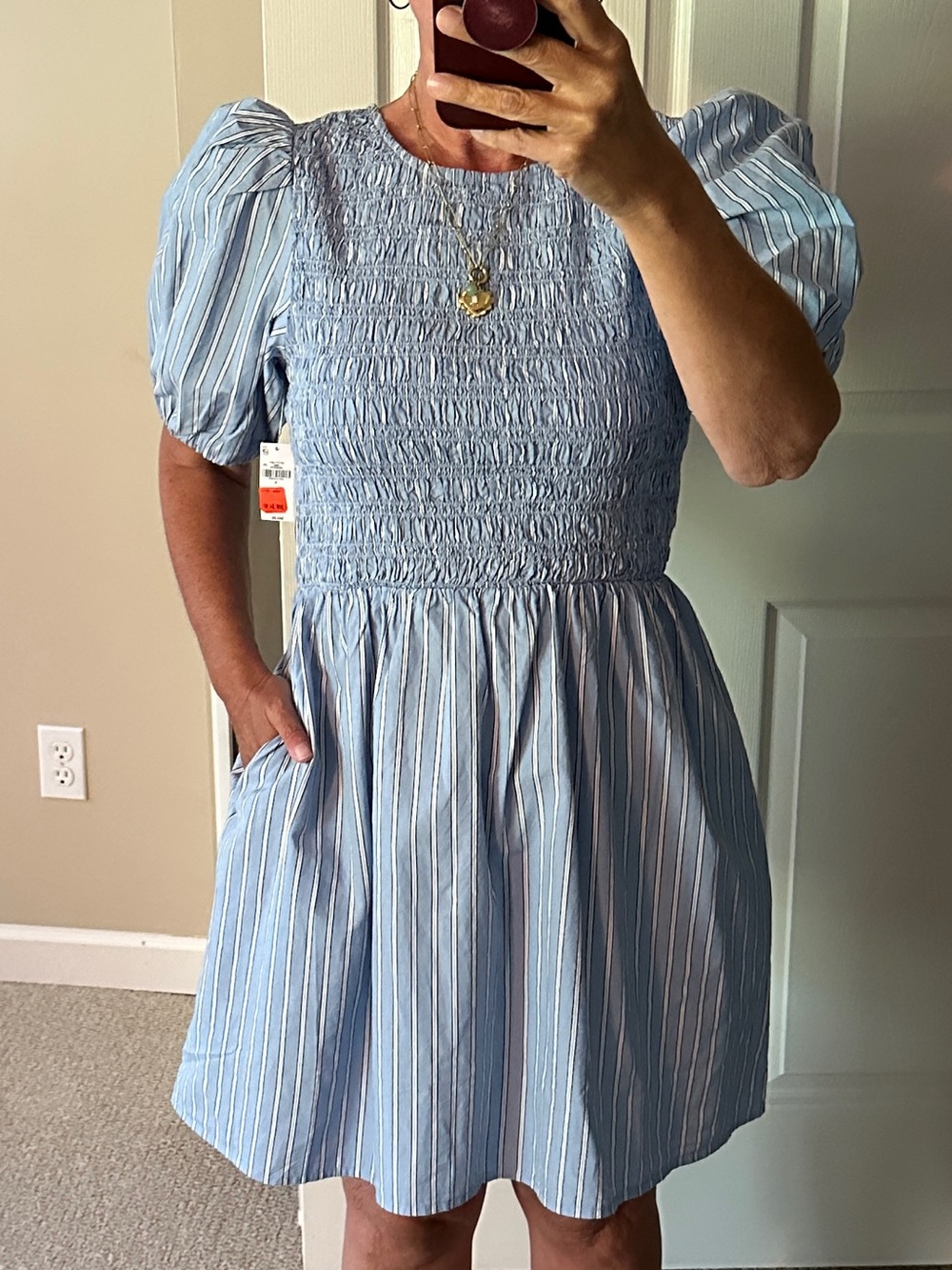 Women’s Old Navy Blue and White Striped Smocked Puff-Sleeve Mini Dress